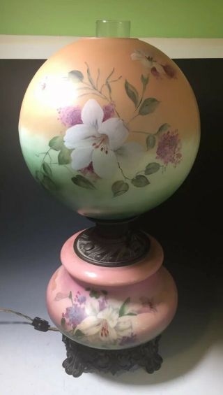 Antique Hand Painted Gone With The Wind Oil Lamp Victorian Flowers Parlor