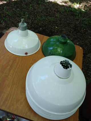 Vintage Porcelain Enamel White Green 18” Barn Station Light Shade Shade Price=1