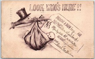 1910 Birth Announcement Stork & Baby Postcard Artist - Signed Cobb Shinn In Cancel