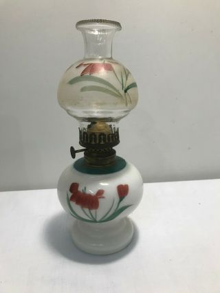 Antique Miniature Oil Lamp Milk Glass Hand Painted Font And Chimney P & A
