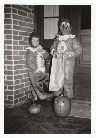 Vintage Photo Children In Halloween Costumes Mask Woody Woodpecker Pumpkin 1950s