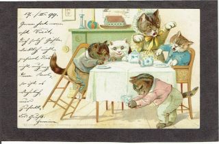 G H Thompson Artist Old Postcard Anthropomorphic Cats At Table Stroefer 1899
