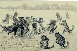Louis Wain Artist Signed Old Postcard Anthropomorphic Cats Playing Rugby 1904