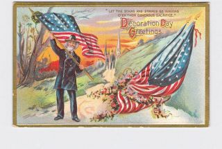 Antique Postcard Decoration Memorial Day Greetings Veteran Soldier Waves Flag Em