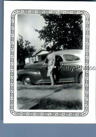 Black & White Photo F,  1776 Pretty Woman In Dress Posed On Side Of Old Car