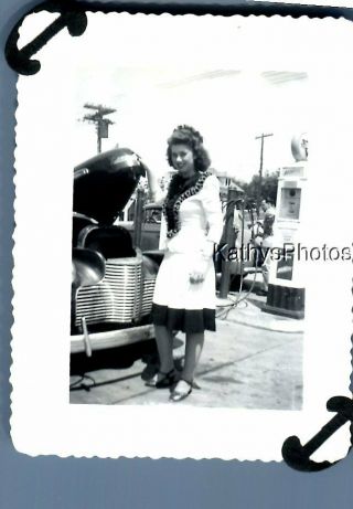 Black & White Photo F,  1788 Pretty Woman In Dress Posed By Car With Hood Up