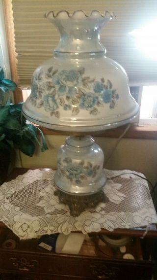 Vintage Gwtw Opaque Blue Floral Painted Hurricane Lamp 2 - Way
