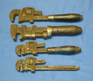 4 Small Vintage Pipe Wrenches Stillson Germany Wooden Handles Farm Tool