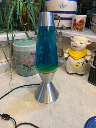 Jumbo Vintage Lava Lamp 16” Tall Blue Liquid Yellow Lava Silver Pierced Base