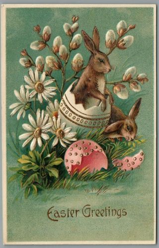 Rabbits,  Gold Egg,  Daisy,  Pussywillow " Easter Greeting " Vintage Germany Postcard