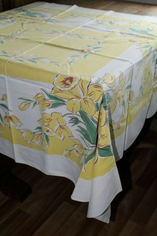 Vtg Cotton Yellow Daffodil Easter Wales 1940s 1950s Kitchen Tablecloth 44 " Sq
