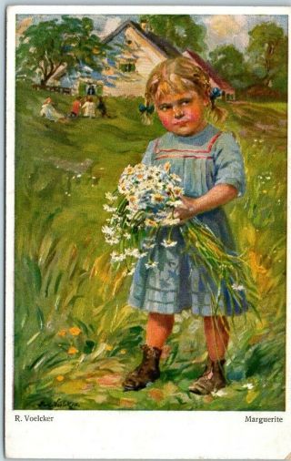 1910s Artist - Signed R.  Voecker Postcard " Marguerite " Girl / Daisy Flowers