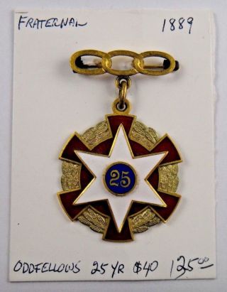1889 Ioof Odd Fellows 25 Year Grand Lodge Kansas Fraternal Pin Medal Badge