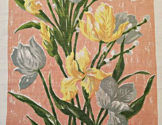 Vintage Authentic Floral Art Spring Flowers Pink Yellow Cotton Kitchen Tea Towel