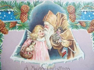A Marry Christmas Santa With Brown Coat Gray Gloves Talking Small Child Postcard