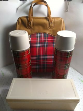 Vintage 1973 Thermos Picnic Set Red Plaid 2 Thermos Sandwich Holder & Bag 14 