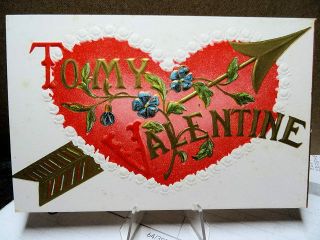 1909 Postcard Valentines Day Big Heart With Arrow Through It And Flowers 802