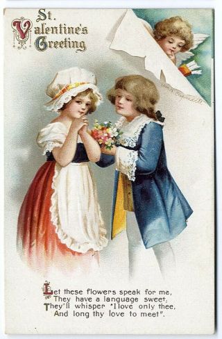 Ellen Clapsaddle Valentine Postcard C 1910 Little Boy Girl And Cupid A/s