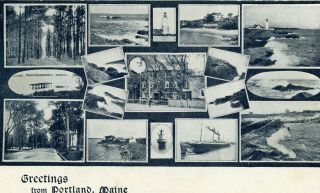 Antique Fold Open " Greetings From Portland Maine " Multiview Undivided Postcard