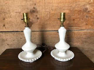 Vintage Mid Century Pair White Milk Glass Hobnail Bedside Table Lamps