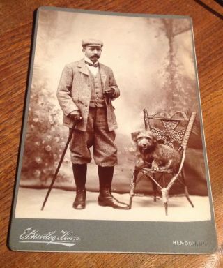Antique Cabinet Card Photo Man And Dog On Chair By Bartley Finn Hendon