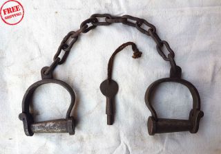 Old Vintage Antique Handcrafted Iron Long Chain Lock Handcuffs,  Collectible
