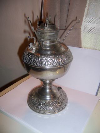 Ornate Antique Nickel Plated Brass Juno Oil Lamp Embossed Good But