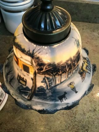 VINTAGE HAND PAINTED ART GLASS LAMP AMERICAN WINTER SCENE CURRIER AND IVES LAMP 5