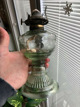 Vintage Miniature Oil Lamp Green Anchor Embossed Queen Anne Burner