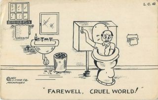 Farewell Cruel World Man Into Toilet Comic Caricature Postcard 1951 Humour