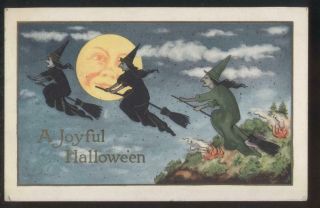 Postcard Halloween 3 Witches Flying Past The Man In The Moon 1907