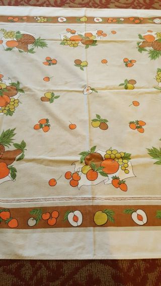 Vintage Printed Tablecloth With Fruit.  Off White With Oranges,  Green & Yellows