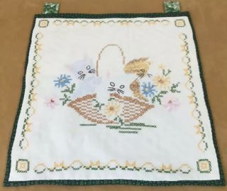 Vintage Quilt Wall Hanging,  Embroidered Kitties In Basket,  Handmade,  Multi Color