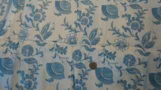 Vintage Cotton Fabric Flocked Turquoise Blue Floral On White 1 Yd 24 " /45 " Wide