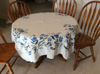 Vintage 1950/60s Tablecloth,  White With Blue Flowers