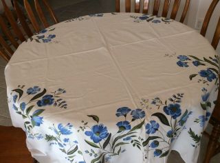 VINTAGE 1950/60s TABLECLOTH,  WHITE WITH BLUE FLOWERS 2