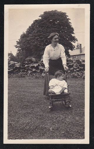 Antique Vintage Photograph Mom With Baby In Rocking Chair In Backyard