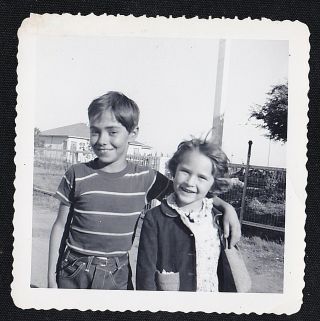 Antique Vintage Photograph Adorable Little Boy Hugging Little Girl In Yard