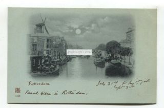 Rotterdam - Canal,  Windmill,  Moonlight - Early Netherlands Postcard