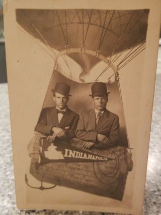 Rppc Indianapolis 2 Men Hot - Air Balloon Paper Moon Old Photo Postcard