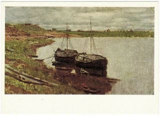 1966 Russian Postcard Hopper Barges On The Volga River By Isaac Levitan