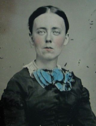Antique Tintype Photo Young Woman Wearing A Tinted Blue Bow Character Study