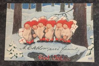 Vintage Swedish Mini Postcard Gnomes Elves Packages Christmas God Jul