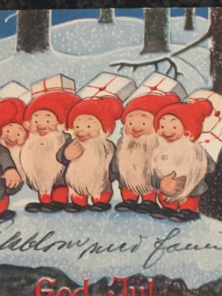 Vintage Swedish Mini Postcard Gnomes Elves Packages Christmas God Jul 2