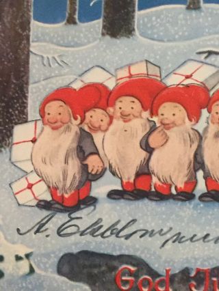 Vintage Swedish Mini Postcard Gnomes Elves Packages Christmas God Jul 3