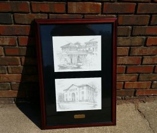 Rare Framed Hand Drawn Picture Of Carnegie Mellon University Doherty Hall