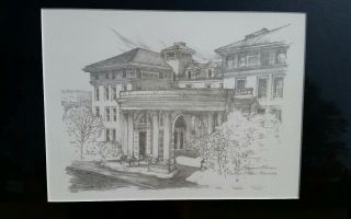 Rare Framed Hand Drawn Picture Of Carnegie Mellon University Doherty Hall 4