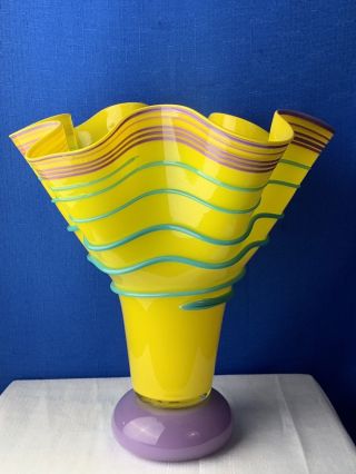 Studio Art Deco Blown Glass Vase Yellow Lavender Teal Signed One Of A Kind Tall