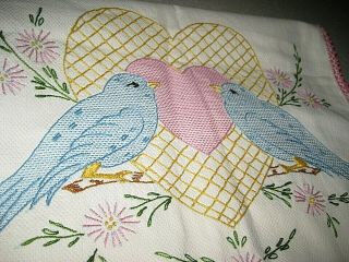 Best Vintage Linen Dresser Scarf Blue Birds Lg Heart Crochet Edge Intricate
