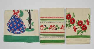 3 Vintage Woman With A Tree,  Green And Red Leaves And Red Flowers Linen Towels